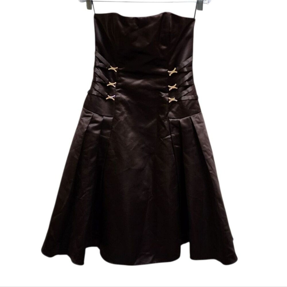 Jessica McClintock Steampunk Satin Prom Dress Size 8 Brown Strapless Rhinestone